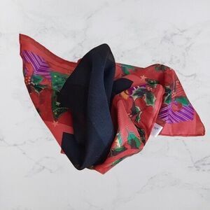 Worthington Sheer Christmas Holiday Square Scarf Kerchief Black/Red Tree Holly